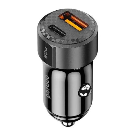 Porodo 50W Dual Port Car Charger PD 20W QC 30W with C to L Cable - Black